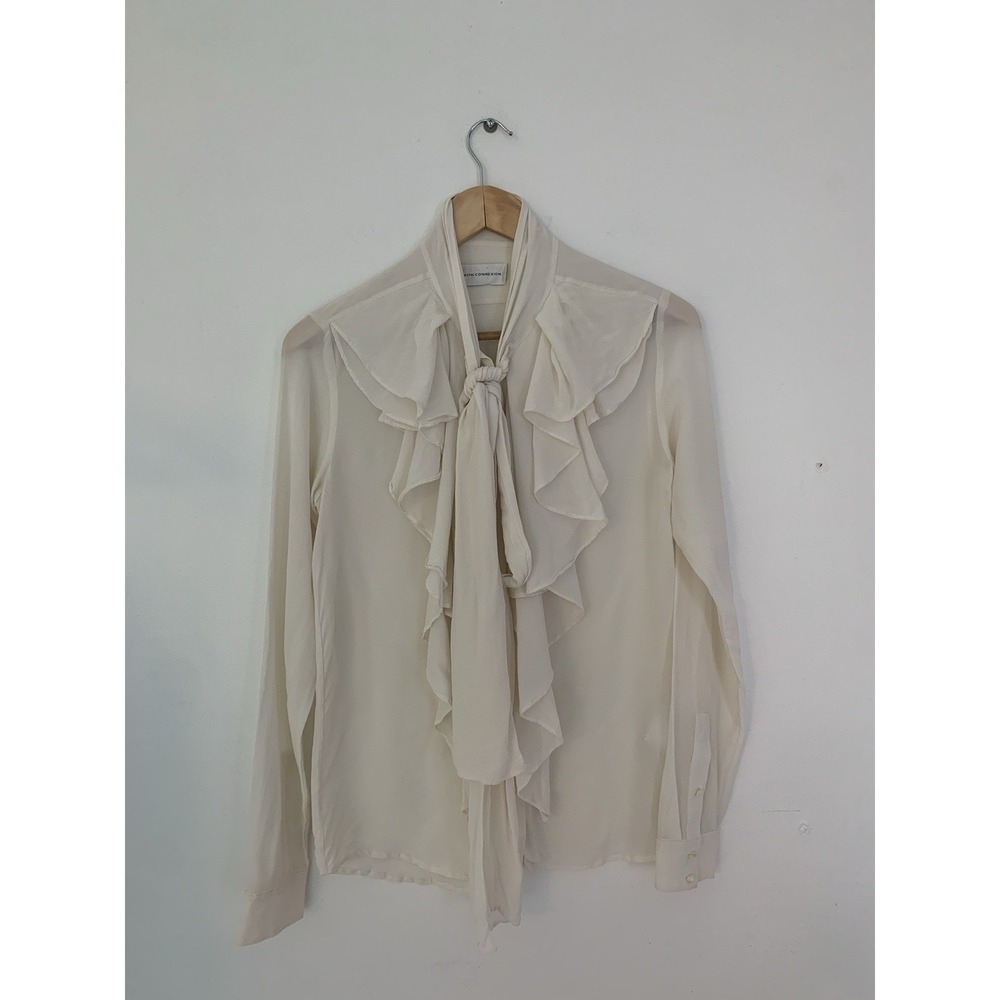 FAITH CONNEXION Laval Silk Blouse Ivory Ruffle Tie Sz XS Portugal Pirate